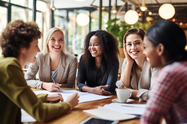 다양한 그룹 팀워크 및 젊은 비즈니스 여성 브레인스토밍 협업 또는 협력 야심차고 자신감 있는 전문 동료 팀이 마케팅 전략을 함께 이야기하고 계획합니다.