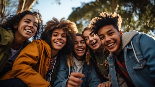 A diverse group of teenagers enjoying each others company and showing that friendship transcends cul