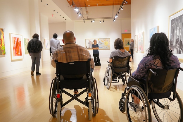 Foto un gruppo diverso visita una mostra d'arte accessibile in un museo