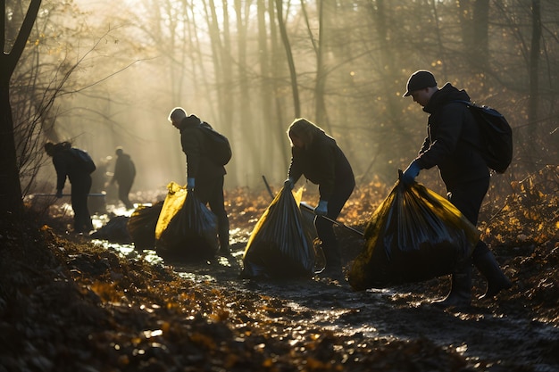 Diverse group of volunteers cleaning up forest from waste community service concept