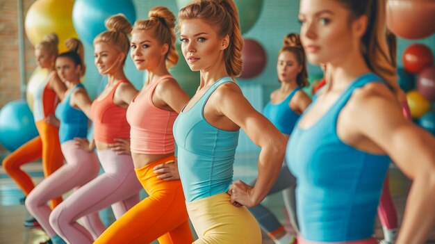 다채로운 스포츠 의복 을 입은 여러 여성 들 이 체육관 에서 체육 수업 에 참여 하고 있다