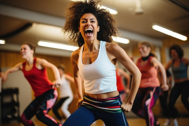 Un gruppo diversificato di donne che si impegnano in una lezione di danza per migliorare le loro abilità di danza e coordinamento lezione di zumba energetica che si svolge in uno studio di danza generata da ai