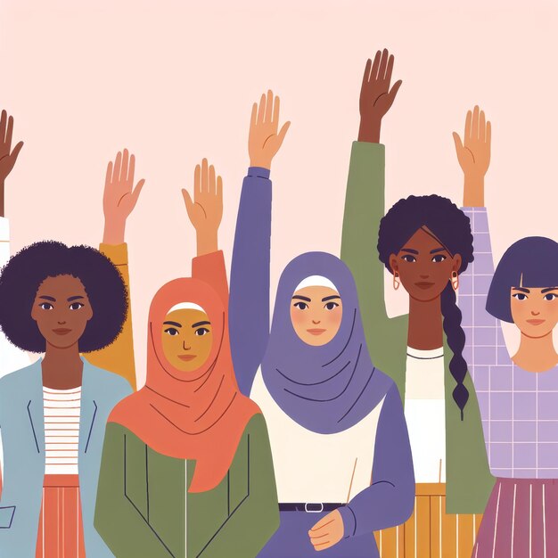 Photo a diverse group of women from different cultures and backgrounds raising their hands in solidarity