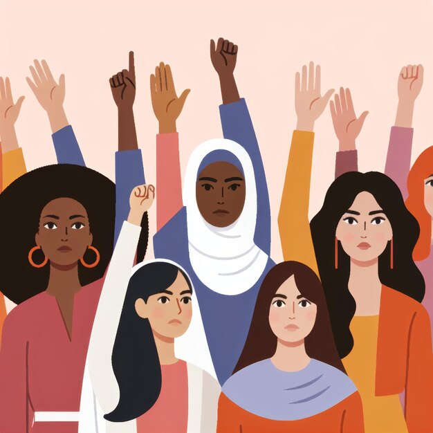 Photo a diverse group of women from different cultures and backgrounds raising their hands in solidarity