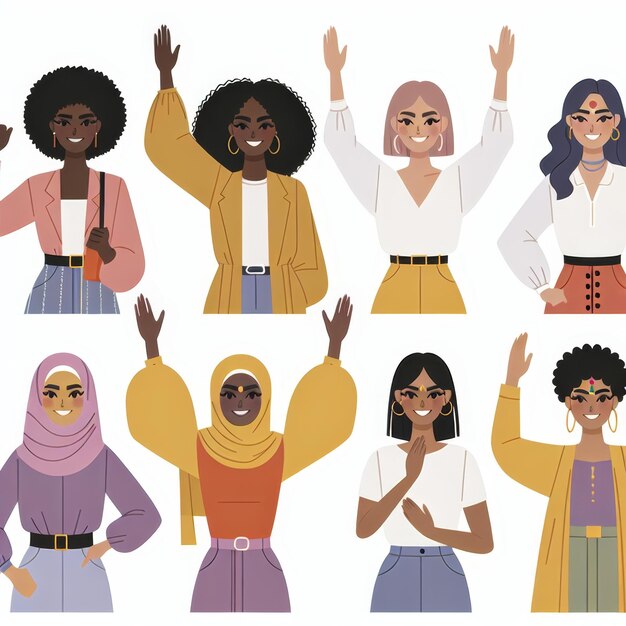 Photo a diverse group of women from different cultures and backgrounds raising their hands in solidarity