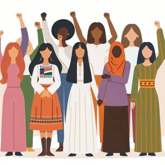 Photo a diverse group of women from different cultures and backgrounds raising their hands in solidarity