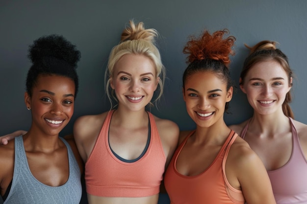 Foto gruppo eterogeneo di donne che sorridono dopo l'allenamento