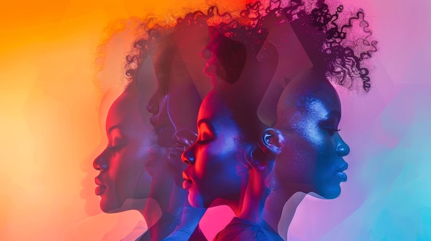 Diverse group of women standing confidently in front of a vibrant multicolored background