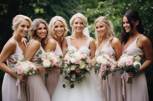 Diverse group of women standing shoulder to shoulder displaying strength and unity Wedding flowers the bride and bridesmaids holding their bouquets on the wedding day AI Generated