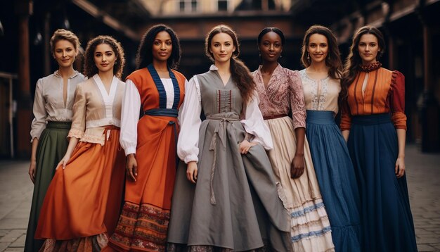 Photo diverse group of women wearing traditional dresses from around the world gathered in a historical c