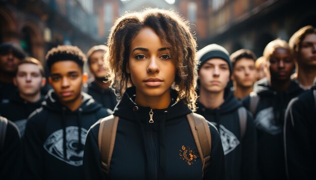 A diverse group of young adults smiling confidently in the city generated by artificial intelligence