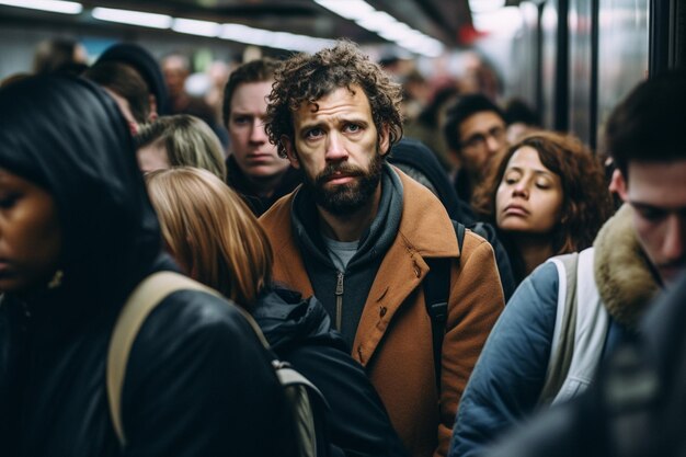 Photo diverse group of young adults socializing on public transportation