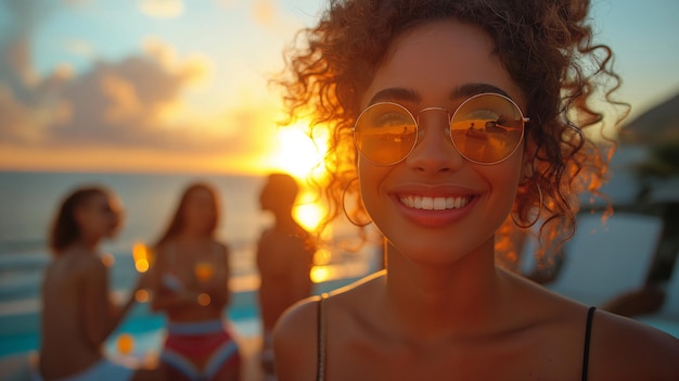 Foto un gruppo diversificato di giovani che si godono una festa al tramonto