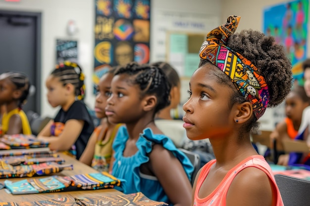 Photo diverse group of young students engaged in classroom activities with educational posters in