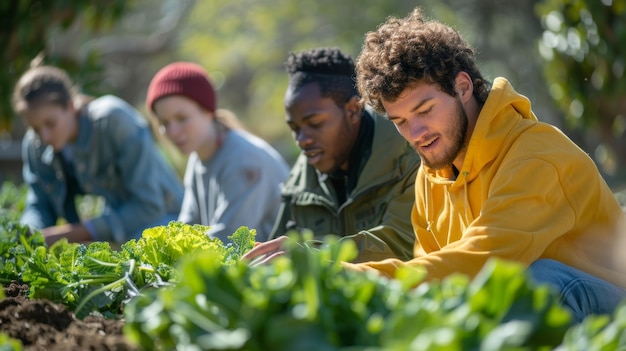 Photo diverse group of young volunteers gather to plant vegetables in vibrant community garden generative ai