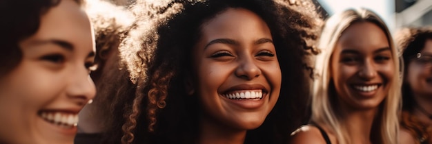 A diverse group of young women in a candid moment beaming with smiles and radiating pure joy and carefree spirit Their different races add to the vibrancy of the scene Generative AI