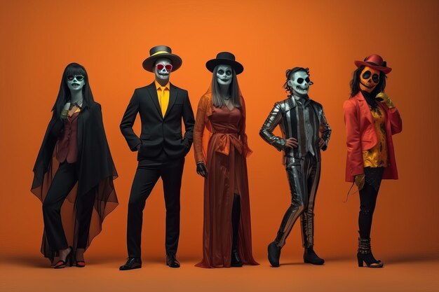 Photo diverse halloween costumes on colored background