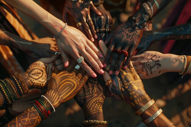 Diverse hands forming a bridge of crosscultural co