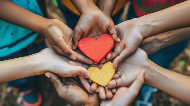 Photo diverse hands holding red and yellow heart shapes representing love unity and support