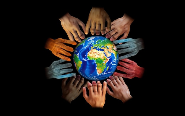 Diverse hands joined together forming a globe