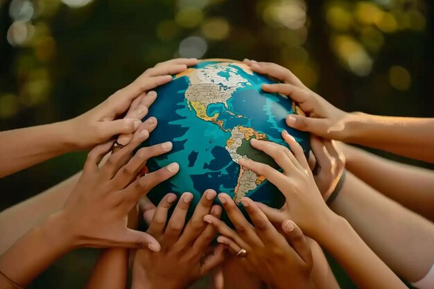 Различные руки протягивают руку Земле для глобального единства в области здравоохранения