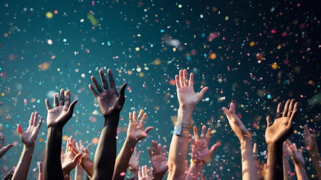 Diverse hands reaching up against a background with confetti falling