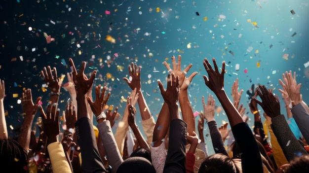 Photo diverse hands reaching up against a background with confetti falling