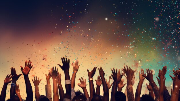 Photo diverse hands reaching up against a background with confetti falling