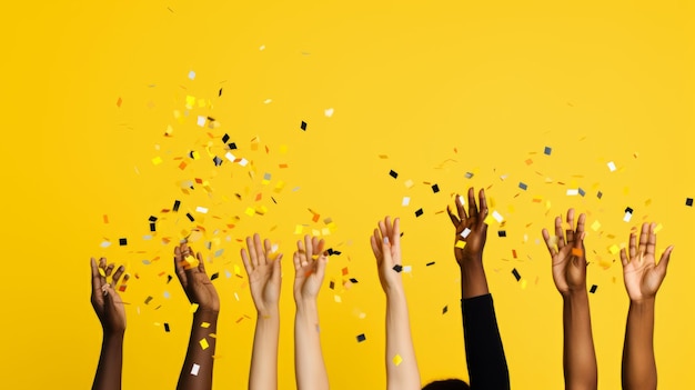 Diverse hands reaching up against a yellow background with confetti falling