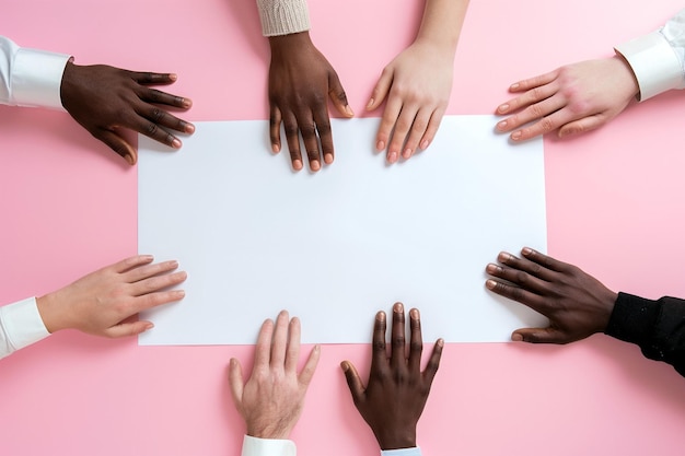 Diverse hands touching white paper mockup pink wallpaper