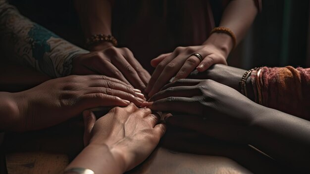 Различные руки объединены в солидарности и поддержке