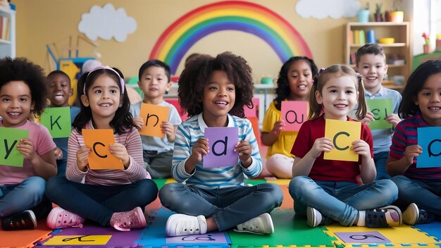 Разнообразные счастливые дети учатся алфавиту