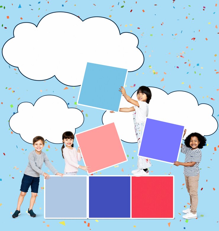 Photo diverse happy kids stacking empty square boards