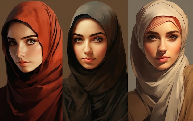 様々なヒジャブスタイル 様々な服装の女性と女の子 創造的なAI