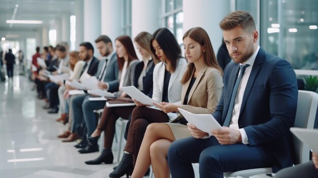 Diverse individuals await their job interviews in a office hallway