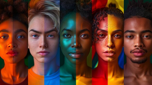 Diverse individuals portrayed with colorful lighting representing unity and LGBTQ pride