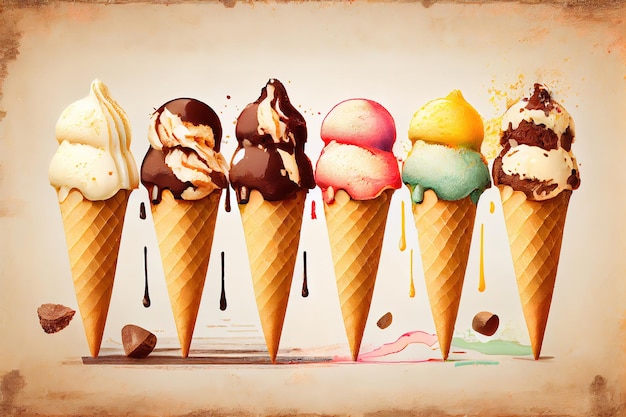 Diverse kleurrijke ijsjes in kartonnen beker