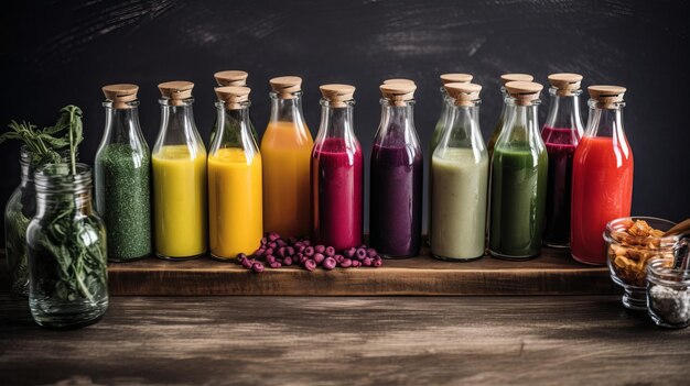 Diverse kleurrijke verse vruchtensappen in glazen flessen