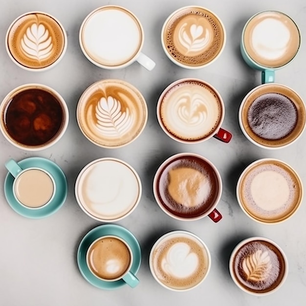 Diverse kopjes koffie op witte cappuccino espresso americano latte flatey