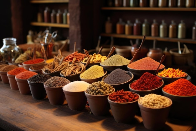 Diverse kruiden op de houten tafel in een winkel Generatieve AI