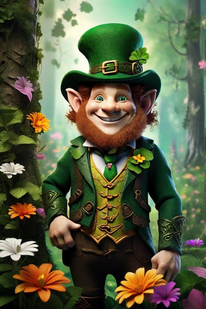 A diverse leprechaun character with emerald green eyes and a mischievous grin standing amidst forest