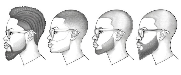 Diversa linea di teste con vari capelli e occhiali