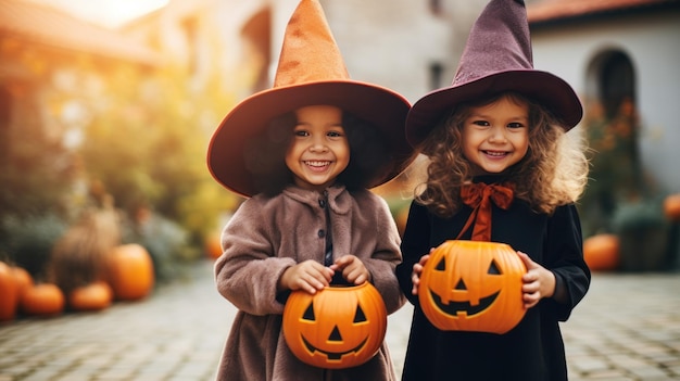 Piccole ragazze diverse vestite in costume di halloween che indossano foto all'aperto di streghe zucche di halloween