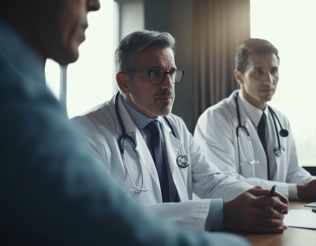 Diverse male doctors sitting at table created using generative ai technology