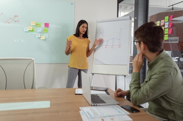 Diverse male and female colleague having meeting, woman talking and man sitting at table with laptop. working in business at a modern office.