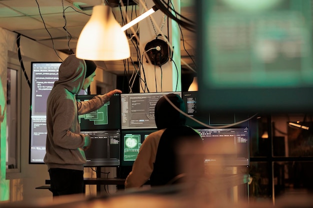 Diverse mannen werken samen om de beveiligingsserver te doorbreken en plannen een datalek met malware en een Trojaans virus. Mannelijke hackers die cyberterroristische aanvallen uitvoeren en wachtwoorden stelen, phishing.
