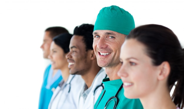 A diverse medical team standing together