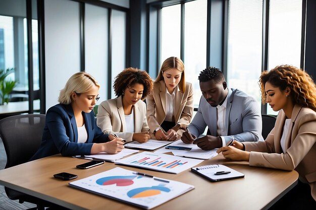 Photo diverse multi ethnic business teamwork overworking in office meeting room analyzing financial graphs