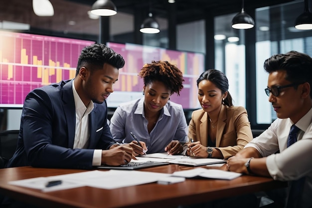 Diverse multi ethnic business teamwork overworking in office meeting room analyzing financial graphs