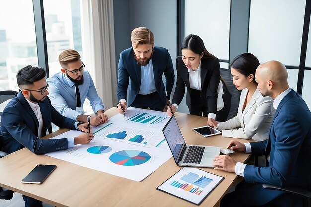 Photo diverse multi ethnic business teamwork overworking in office meeting room analyzing financial graphs